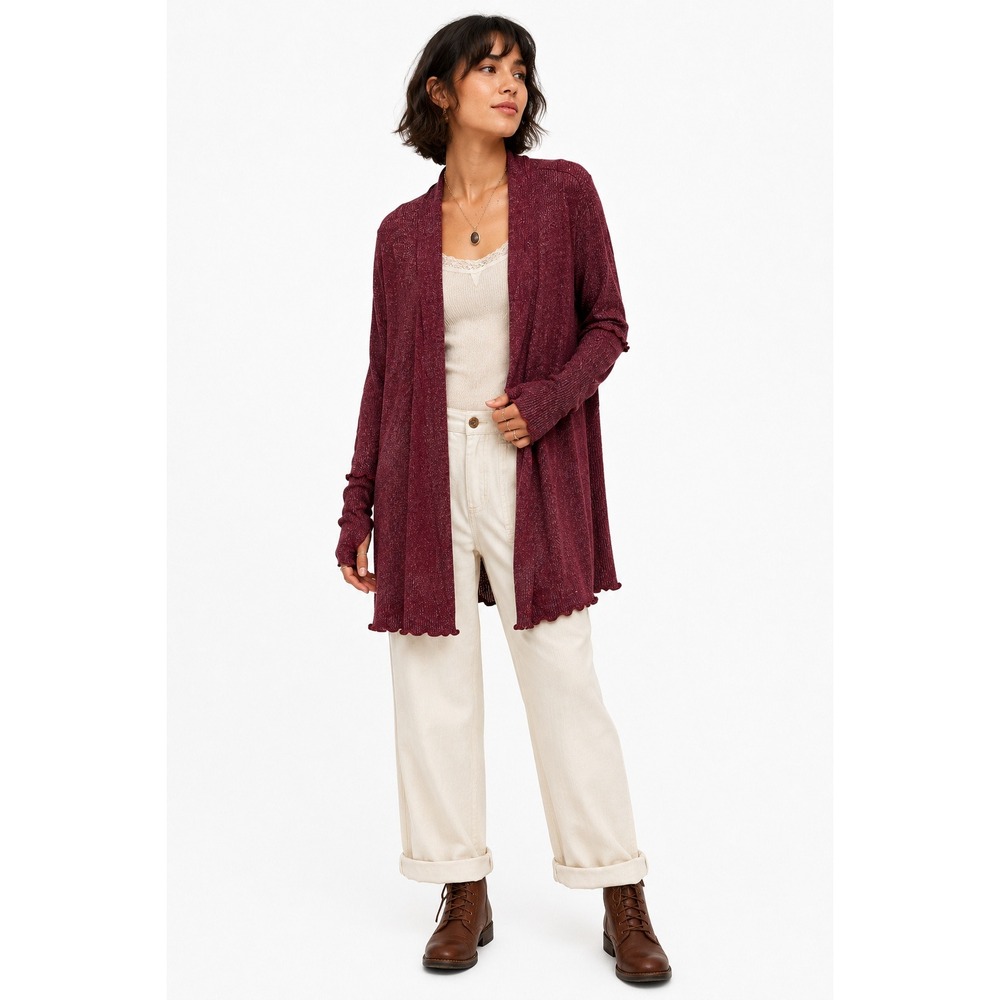 Burgundy Longline Cardigan L Thumbholes Lettuce Hem Romantic Artsy Layer